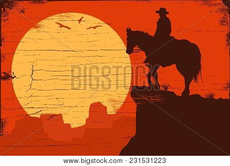 Silhouette Of Lonesome Cowboy Riding Horse At Sunset, Vector Illustration