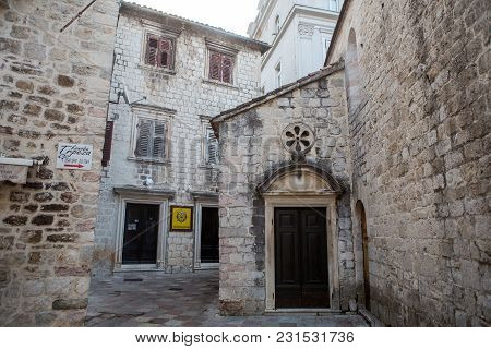 Kotor, Montenegro - September 26: Entrance To The Old Stone Of St. Luke Church In The Port City In A
