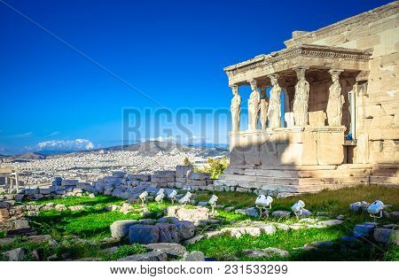 Karyatides Statues, Erehtheio, On The Acropolis In Athens, Greece