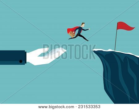 Illustration Of Big Hand Help Businessman Jump To Red Flag At Cliff Business Concept