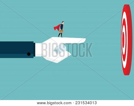 Illustration Of Businessman With Big Healping Hand Pointing To Target Business Teamwork Concept