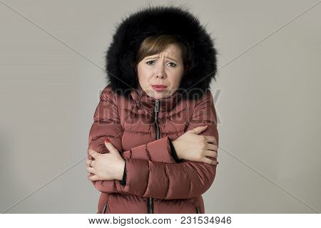 Young Read Hair Attractive And Sweet Woman 20s Or 30s Posing Isolated Wearing Warm Winter Jacket Wit
