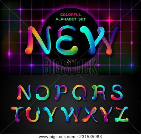 Colorful Dynamic Liquid Ink Alphabet. Color Mixing Thick Oil Paint Font In Style 80s. Neon Rainbow A