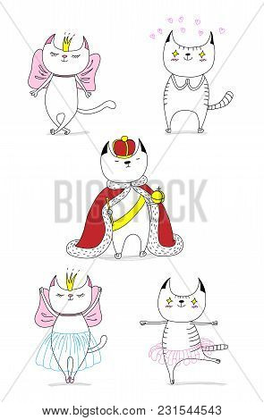 Hand Drawn Vector Doodles Of Cute Funny Cats - A Cat In Love With A Beautiful Princess, With Hearts,