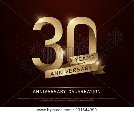 30th Years Anniversary Celebration Gold Number And Golden Ribbons With Fireworks On Dark Background.
