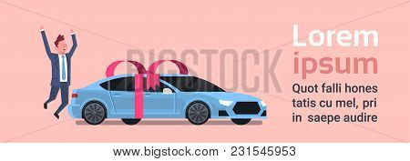 Happy Man Buy New Car Over Vechicle With Ribbon And Bow Background Flat Vector Illustration