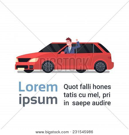 Happy Man Buy Niew Car Over Vechicle With Ribbon And Bow Background Flat Vector Illustration