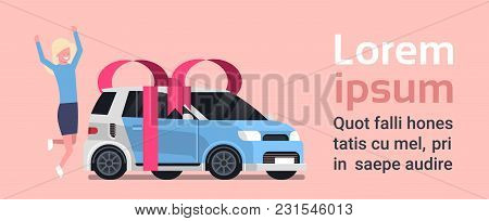 Happy Woman Buy Niew Car Over Vechicle With Ribbon And Bow Background Flat Vector Illustration