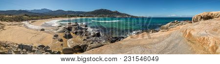 Panoramic View Of Algajola Beach And Village In Corsica