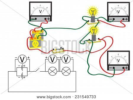 An Electrical Circuit Consisting Of Consecutively Connected Electric Power Consumers, Voltmeters For