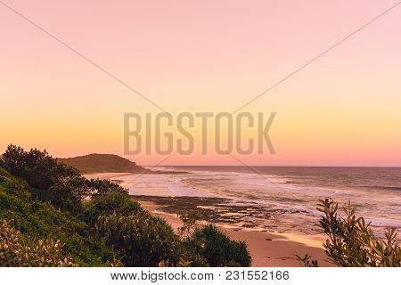 The Pinky Sunset In Summer Time On The Beach In Ballina With Ocean View And Hilly Landscape, Byron B
