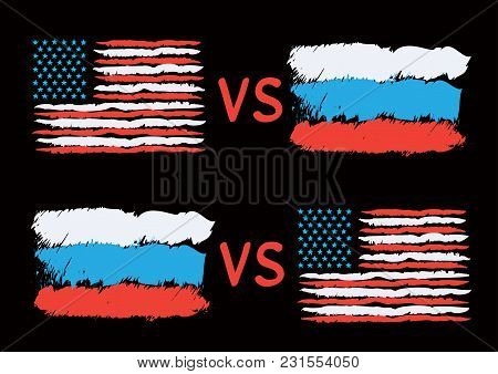 Conflict Between Usa And Russia. Rectangular Flags On Dark Background. Cold War Illustration