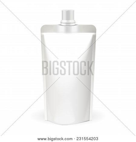 White Blank Doy-pack, Doypack Food Bag Packaging With Spout Lid. Products On White Background Isolat