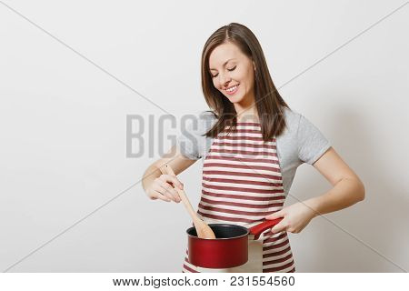 Young Smiling Caucasian Housewife In Striped Apron, Gray T-shirt Isolated On White Background. Beaut