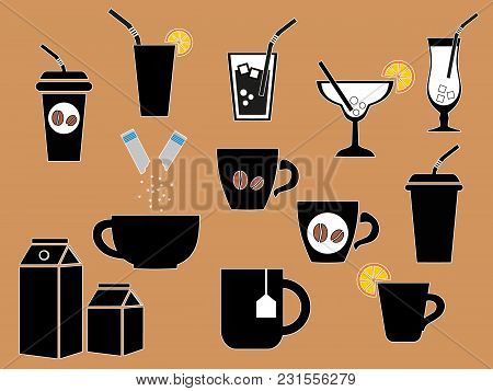 Drink. Icons. Hot And Cold Drinks, Tea, Coffee, Cocktail And Club Soda Vector Illustration