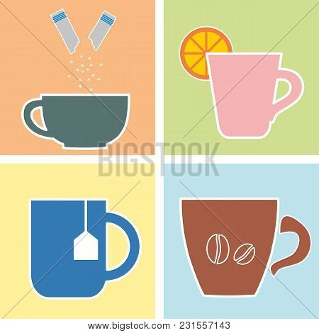 Four Glass Of Hot Drink. Vector Illustration.