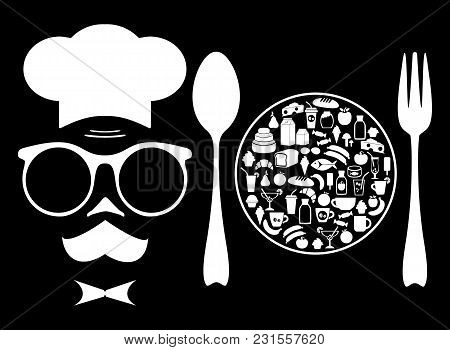 The Chef And Food. Grocery. Set Of Icons. Vector Illustration