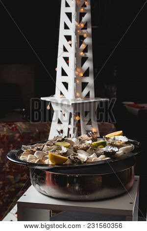 Fresh Oyster Served On White Stones On A Tray In A Restaurant