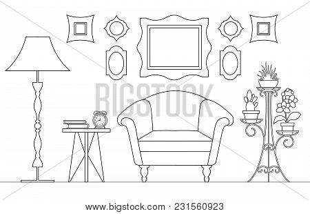 Linear Vector Interior. The Room Is In An Outline Style With Furniture And Decor. A Sketch. Plan Of 
