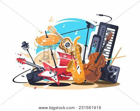 Musical Instruments On Stage. Guitar And Drum Set, Saxophone And Double Bass. Vector Illustration