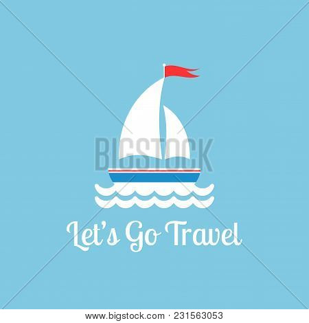 Flat White Boat With Two Sails And Little Waving Red Flag On The Top.