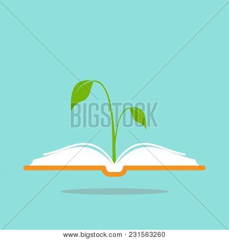 Open Book With Green Sprig Or Sprout. Flat Icon Isolated On Turquoise Background. Reading Icon. Vect