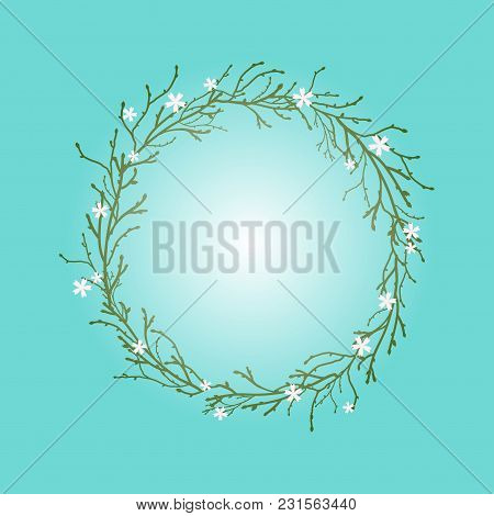 Wreath From Branches, Twigs And White Flowers On Light Blue Background. Spring Garland And Spring Sk