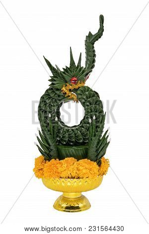 Buddhist Dragon Isolated With Clipping Path, Figurine Handmade With Banana Leaf