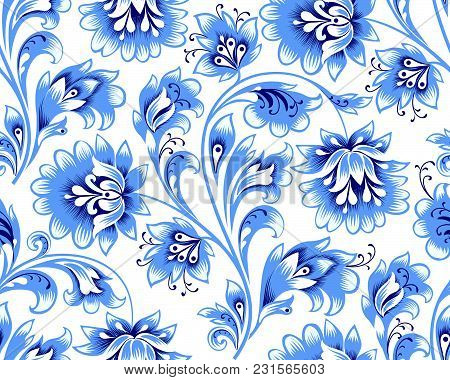Floral Seamless Pattern. Flower Ornament. Ornamental Festive Background In Ethnic Russian Style