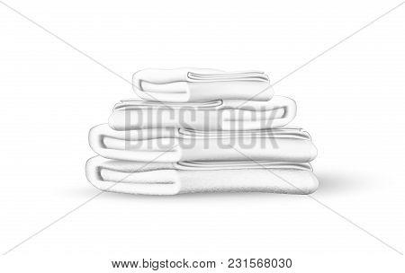 Vector White Towel Mockup. Folded Bathroom Textile Terry Cotton Cloth Pile, Beach Holiday Vacation H