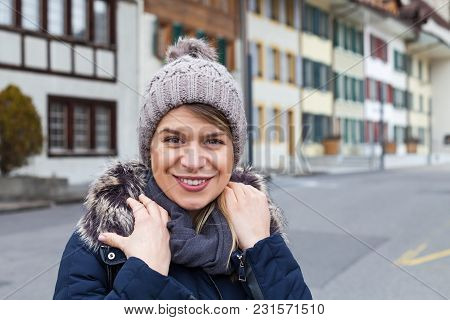Portrait Of Attractive Young Female Toursit In Interlaken, Switzerland - Exploring The City