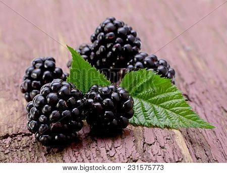 Balckberry Fruit Closeup On Old Wood Background