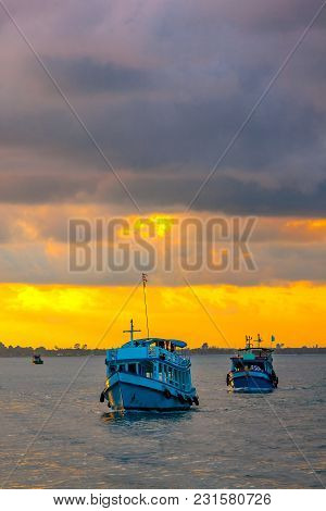 Passenger Boats In The Sea At Kao Samed Or Koh Samed In The Evening At Rayong Province, Thailand