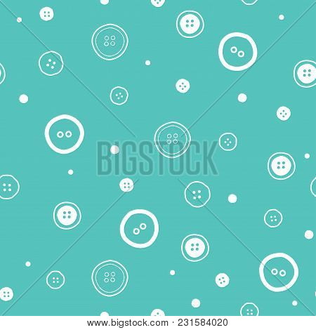 Seamless Sewing Button Pattern. Shabby Hand Drawn White Buttons On Blue Background. Vector Illustrat