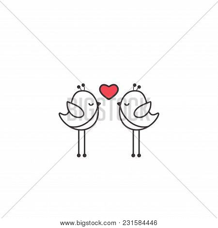 Two Black Outline Cartoon Birds With Pink Heart On White Background. Saint Valentine Vector Illustra