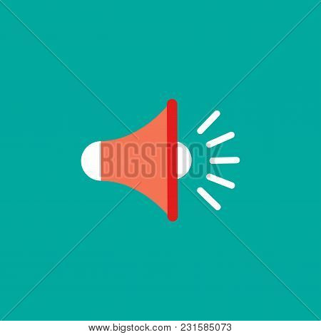 Red Megaphone On Blue Background. Flat Cartoon Loudspeaker. Simple Sound Vector Illustration. Announ