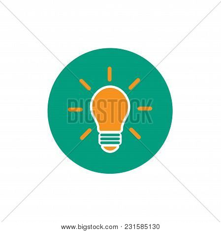 Orange Bulb With Rays In Blue Circle. Flat Icon. Isolated On White. Electric Light Icon. New Busines