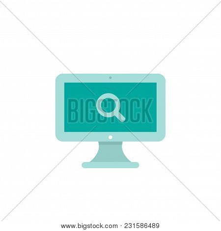 Turquoise Computer Monitor With Magnifier. Isolated On White. Flat Vector Simple Icon. Internet Sear