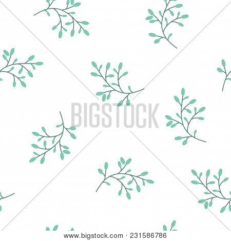 Floral Seamless Pattern Texture With Turquoise Berries Branches. White Background. Vector Illustrati