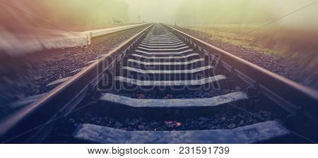 Rails Of The Railway Station At The Station. Autumn Season, In The Countryside. Panoramic And Web Ba