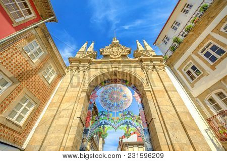 Braga, Portugal - August 12, 2017: Perspective View Of Arco Da Porta Nova, Looking East Along Rua Do
