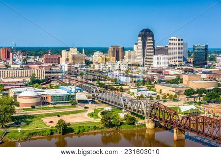 Shreveport, Louisiana, USA downtown skyline over the river.