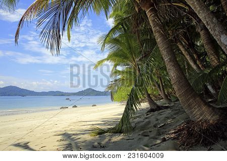 Tropical Beach Of Coibita, Aka Rancheria, With Isla Coiba In The Background. Coiba National Park, Pa