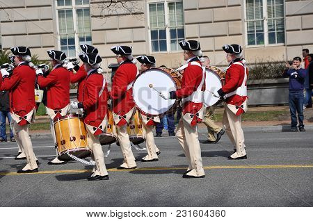Washington, D.c. - March 11, 2018: Fife And Drum Corps-participants Of The Saint Patrick\'s Day Para