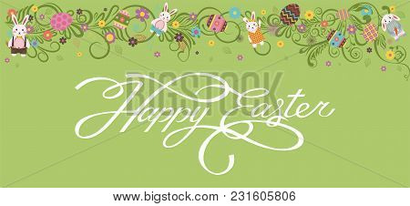 Stock Vector Illustration Banner Inscription Hand Lettering Calligraphy Typography Happy Easter Bunn
