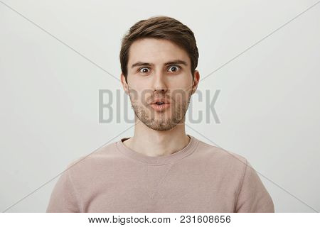 No Way, Is It Really Happened. Amazed And Shocked Young Man With Bristle In Casual Pullover Saying W