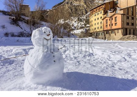 Winter Pyrenes Landscape Near Roc Del Quer Trekking Trail, Village Of Canillo. Principality Of Andor