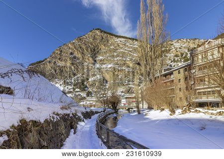 Winter Pyrenes Landscape Near Village Of Canillo, Trekking And Cycling Trail. Principality Of Andorr