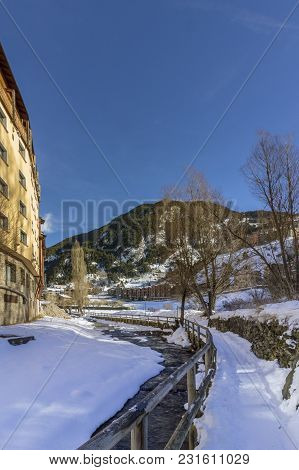 Winter Pyrenes Landscape Near Village Of Canillo, Trekking And Cycling Trail. Principality Of Andorr
