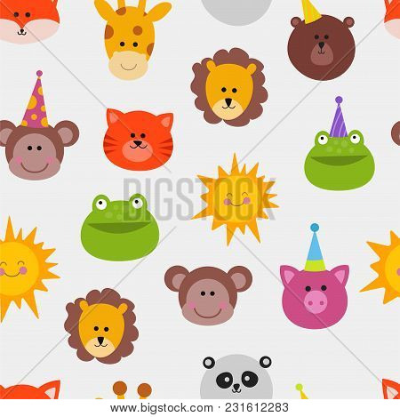 Animals Carnival Mask Vector Set Festival Decoration Masquerade Seamless Pattern Monkey, Lion, Cat, 